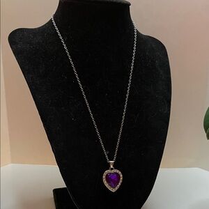 Silver Heart Pendant Necklace with Purple Gem